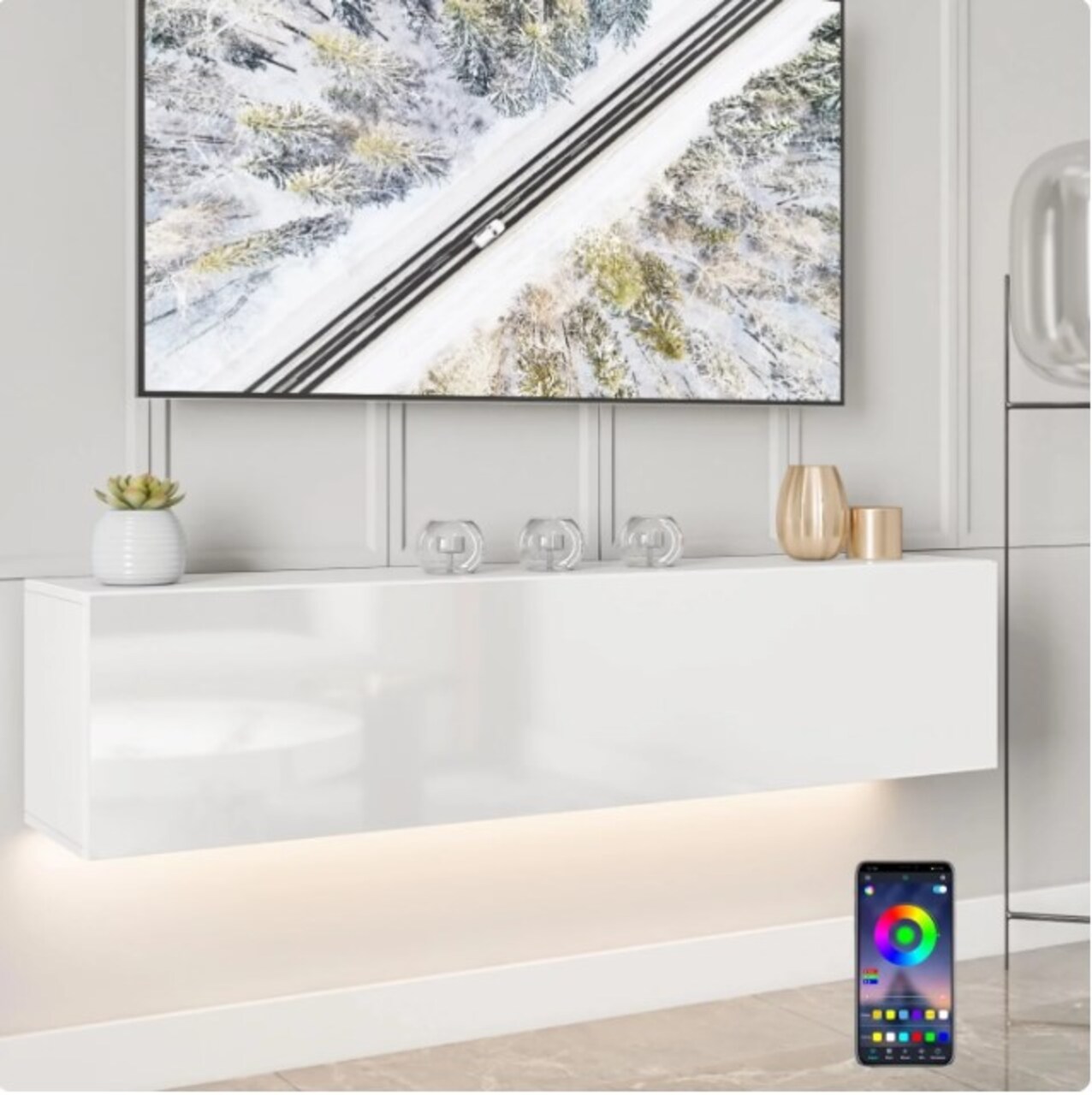 Floating TV Stand on the Wall with LED Lights Media Console TV Unit for Living Room Bedroom Modern Entertainment Center for TVs Up to 63"